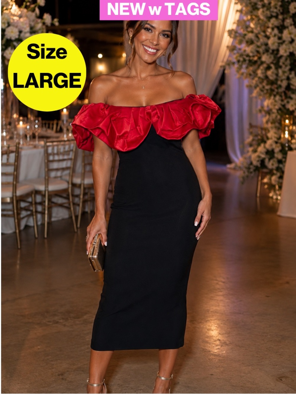 NEW w TAGS🏷️ FASHION NOVA Black, Red Ruffle Midi Bodycon Strapless Dress (Large)